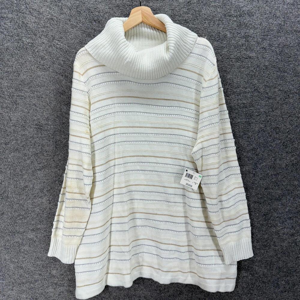 New Basic Editions Sweater Pullover Women 2X Plus White Striped Knit Turtleneck
